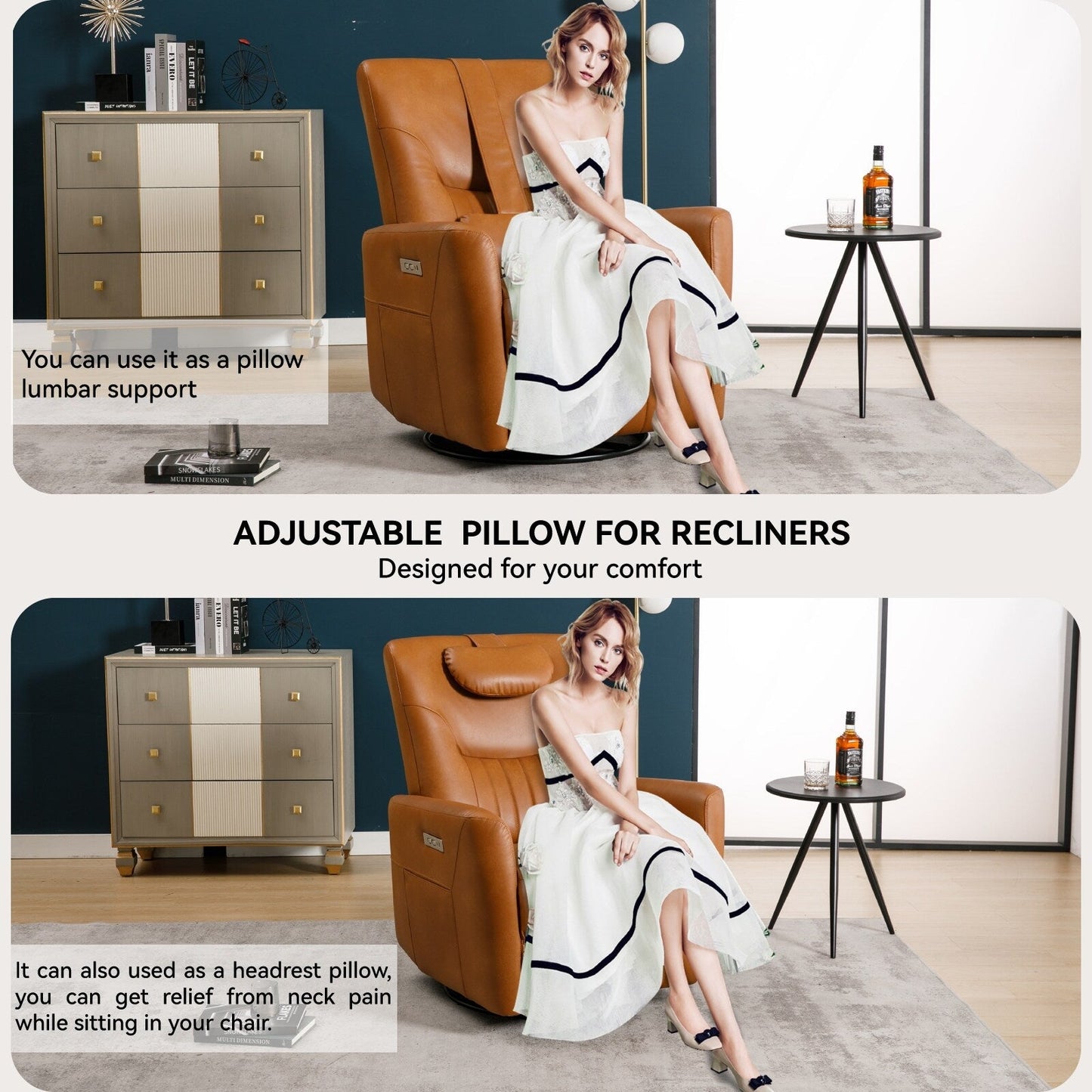 Poltrona reclinabile elettrica beige con supporto lombare e porte USB