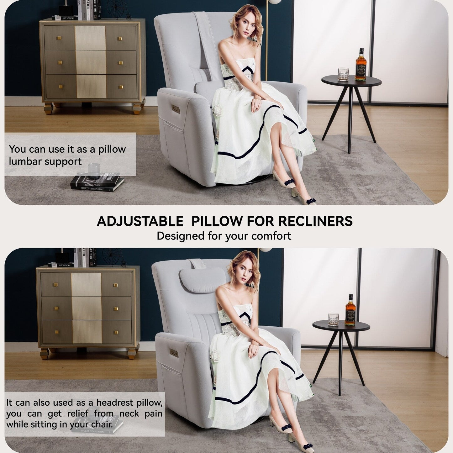 Poltrona reclinabile elettrica beige con supporto lombare e porte USB