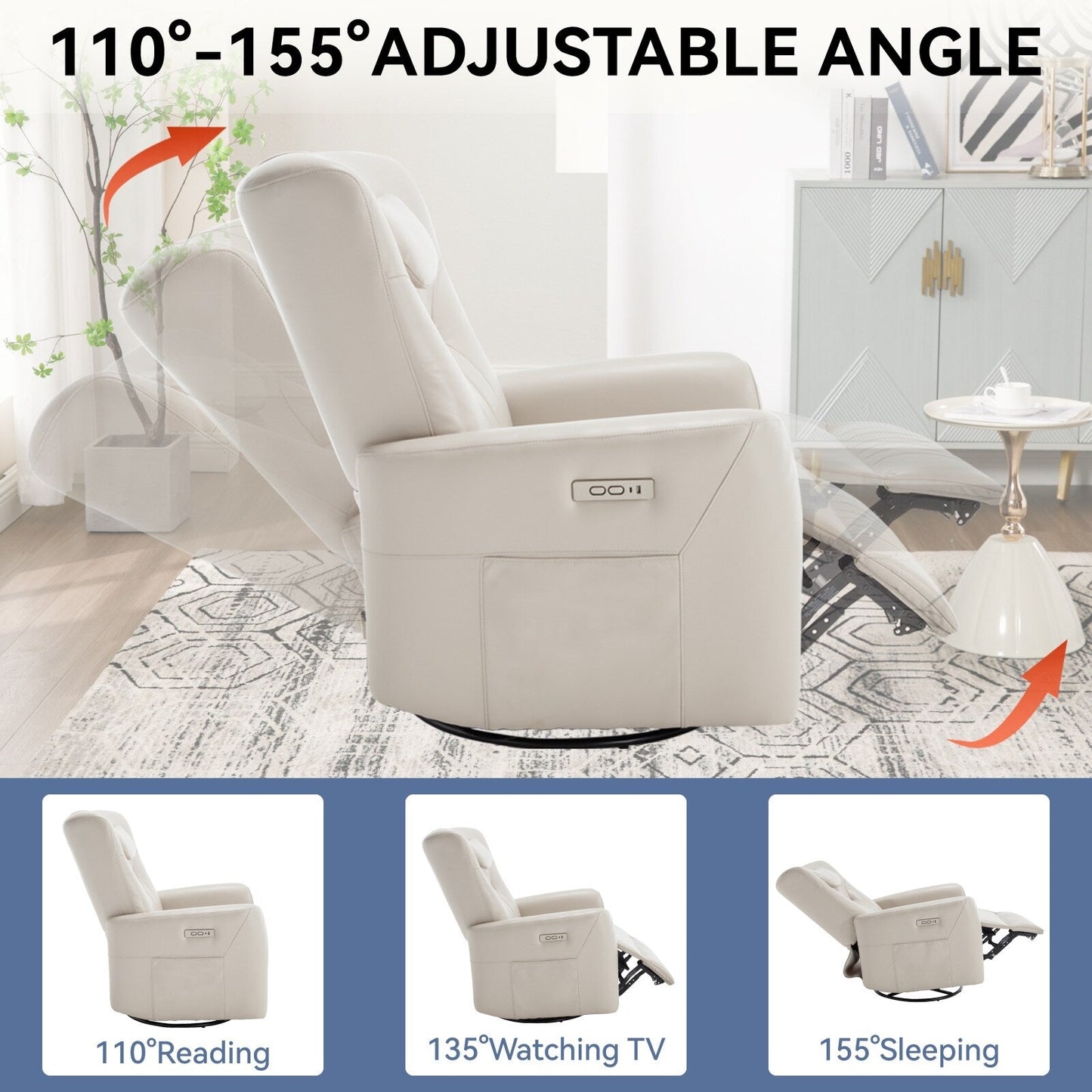 Poltrona reclinabile elettrica beige con supporto lombare e porte USB