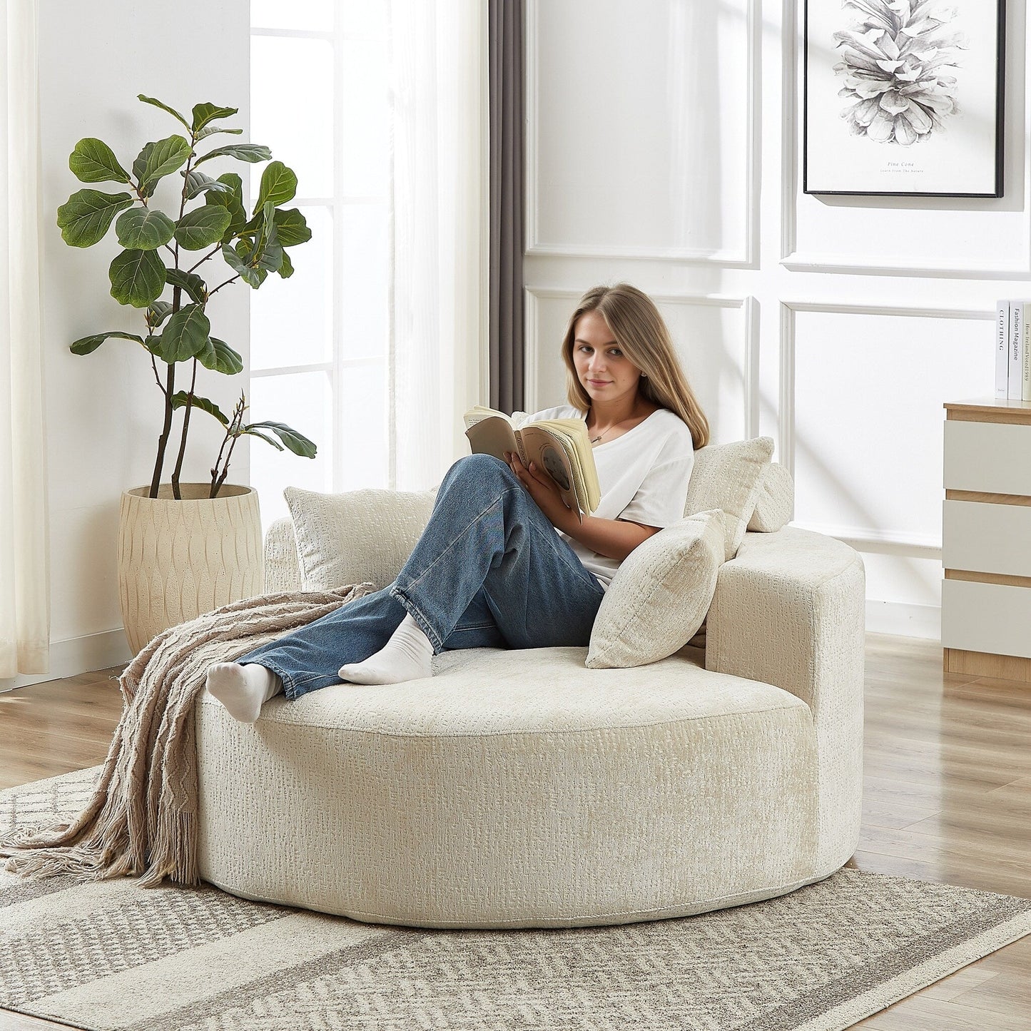 Divano letto singolo rotondo beige in ciniglia con cuscino per schienale