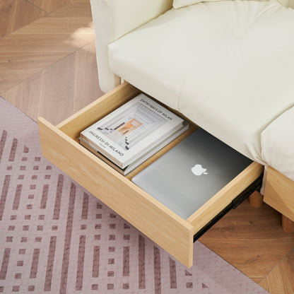 Divano letto imbottito moderno a 3 posti in tessuto tecnico beige 84.64 con cuscini, seduta contenitore e cassetto