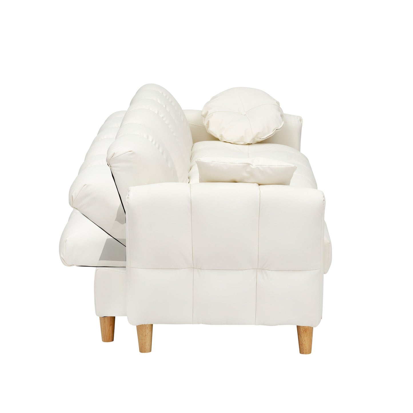 Divano letto imbottito moderno a 3 posti in tessuto tecnico beige 84.64 con cuscini, seduta contenitore e cassetto