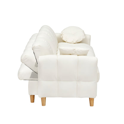 Divano letto imbottito moderno a 3 posti in tessuto tecnico beige 84.64 con cuscini, seduta contenitore e cassetto