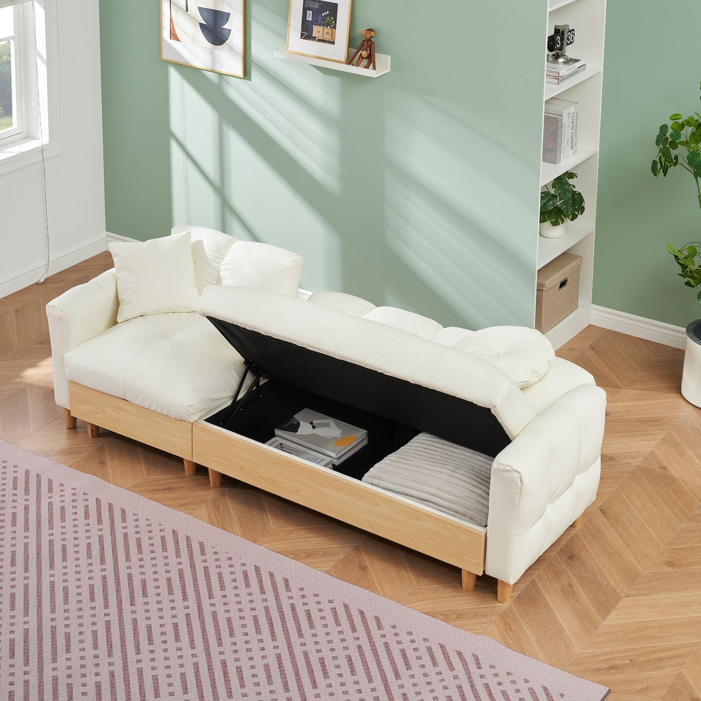 Divano letto imbottito moderno a 3 posti in tessuto tecnico beige 84.64 con cuscini, seduta contenitore e cassetto