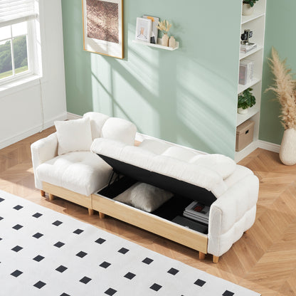 Divano letto imbottito beige Teddy Modern 84.64 a 3 posti con cuscini, seduta contenitore e cassetto