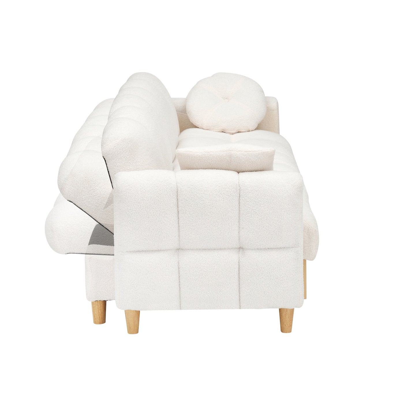 Divano letto imbottito beige Teddy Modern 84.64 a 3 posti con cuscini, seduta contenitore e cassetto