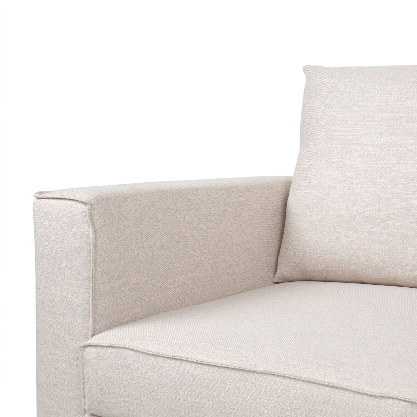 Divano a 3 posti imbottito beige con cuscini e gambe in legno