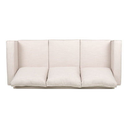 Divano a 3 posti imbottito beige con cuscini e gambe in legno