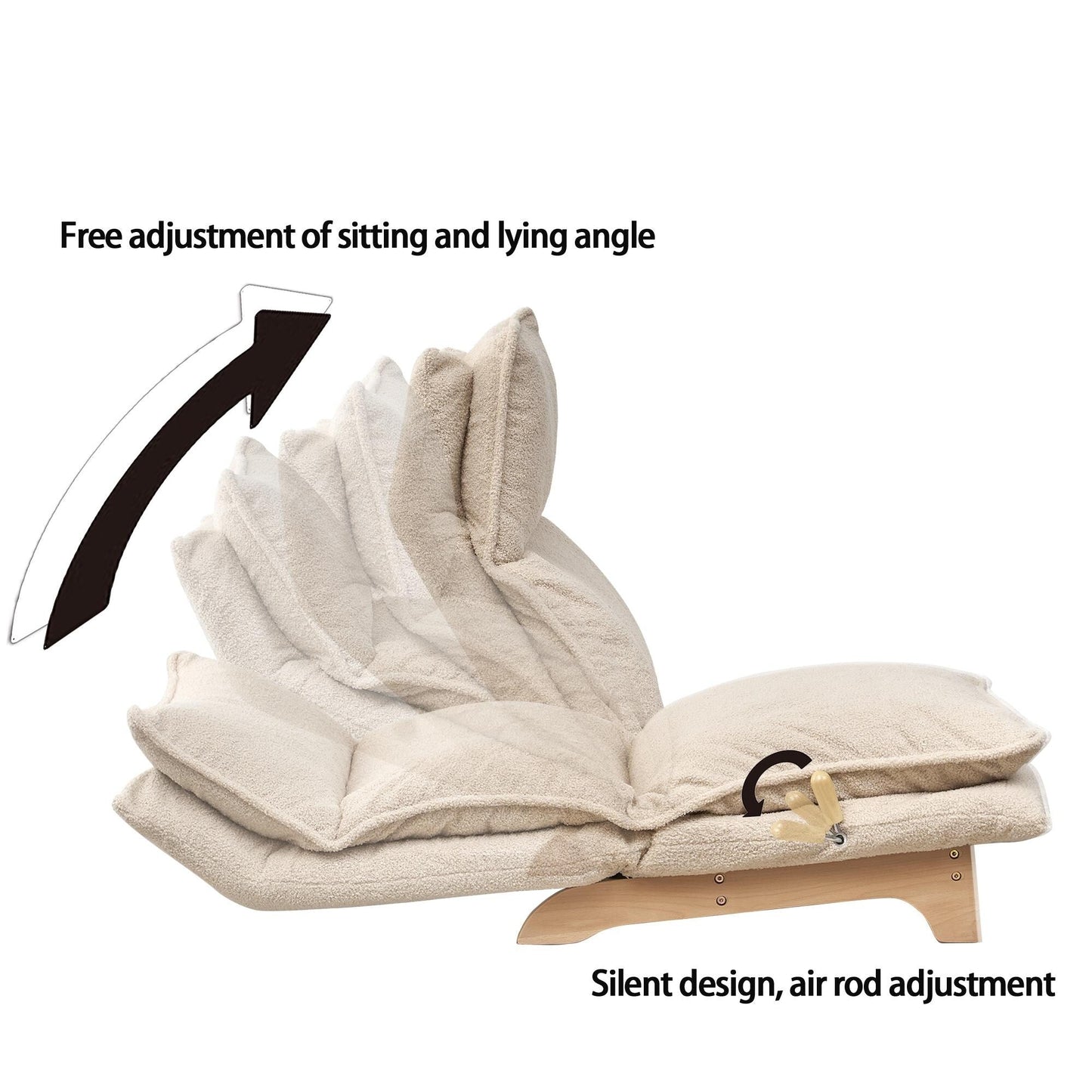 Poltrona reclinabile manuale senza braccioli imbottita beige con poggiatesta, schienale e poggiatesta regolabili, posizione piatta a 180°