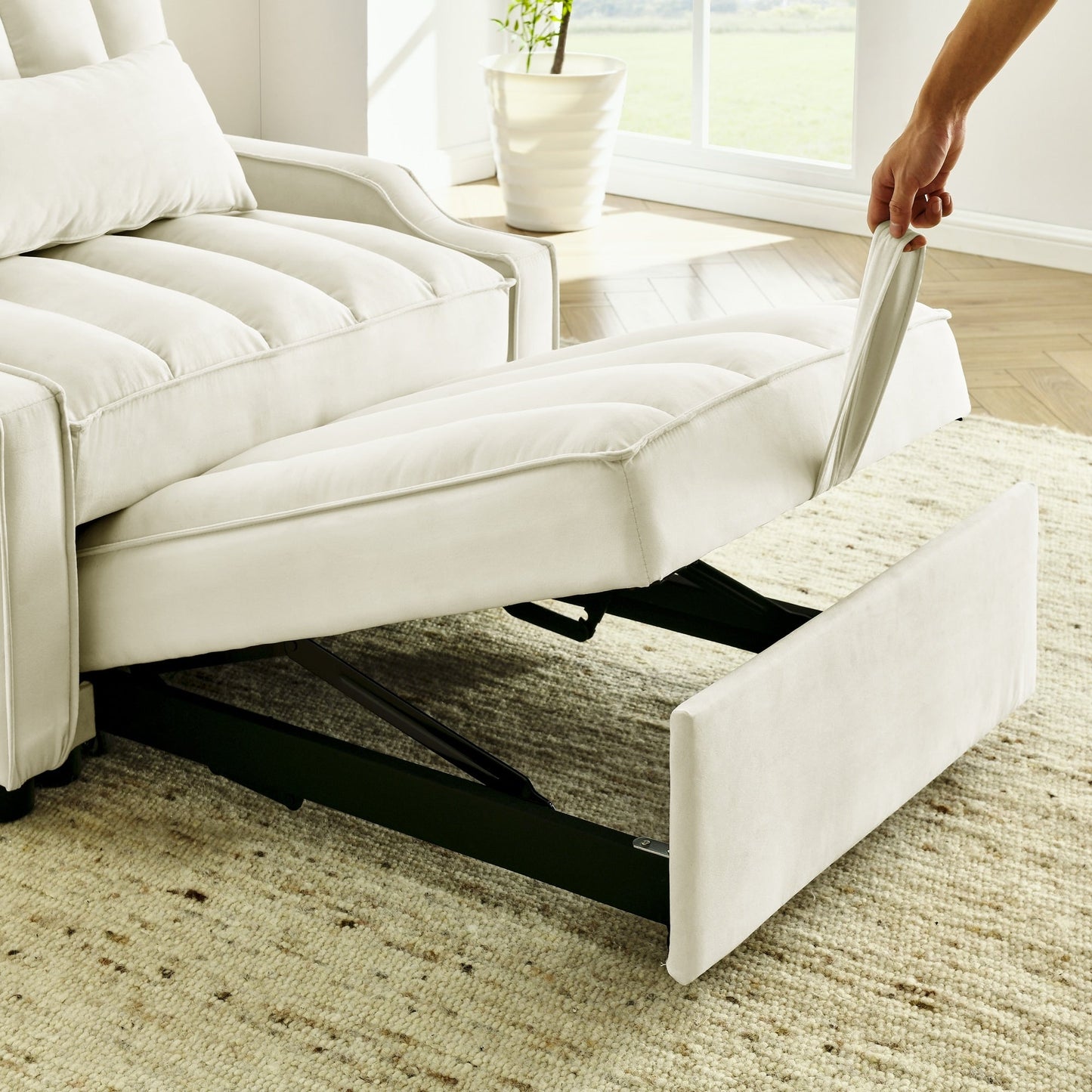 Divano letto singolo convertibile in velluto beige con letto estraibile