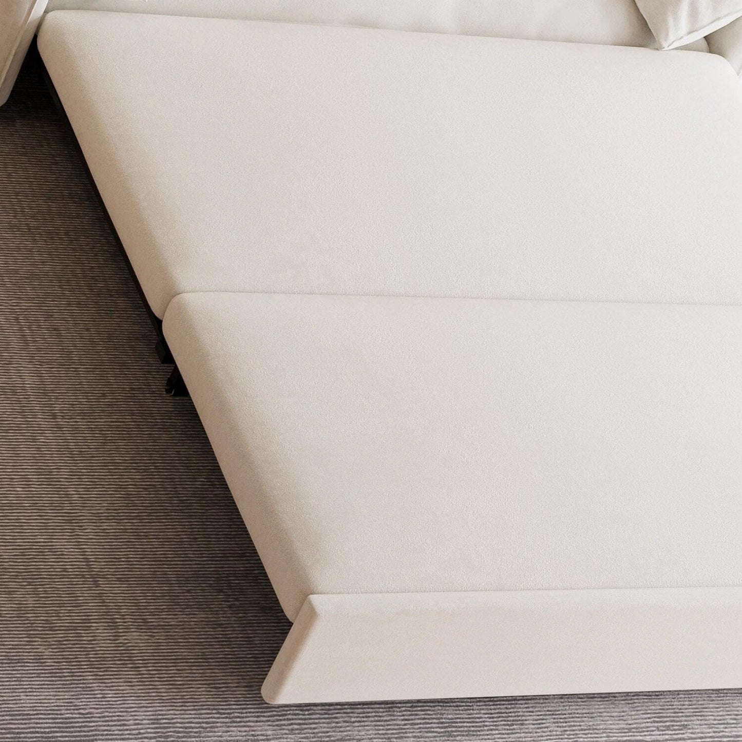 Divano letto estraibile in velluto beige con contenitore laterale