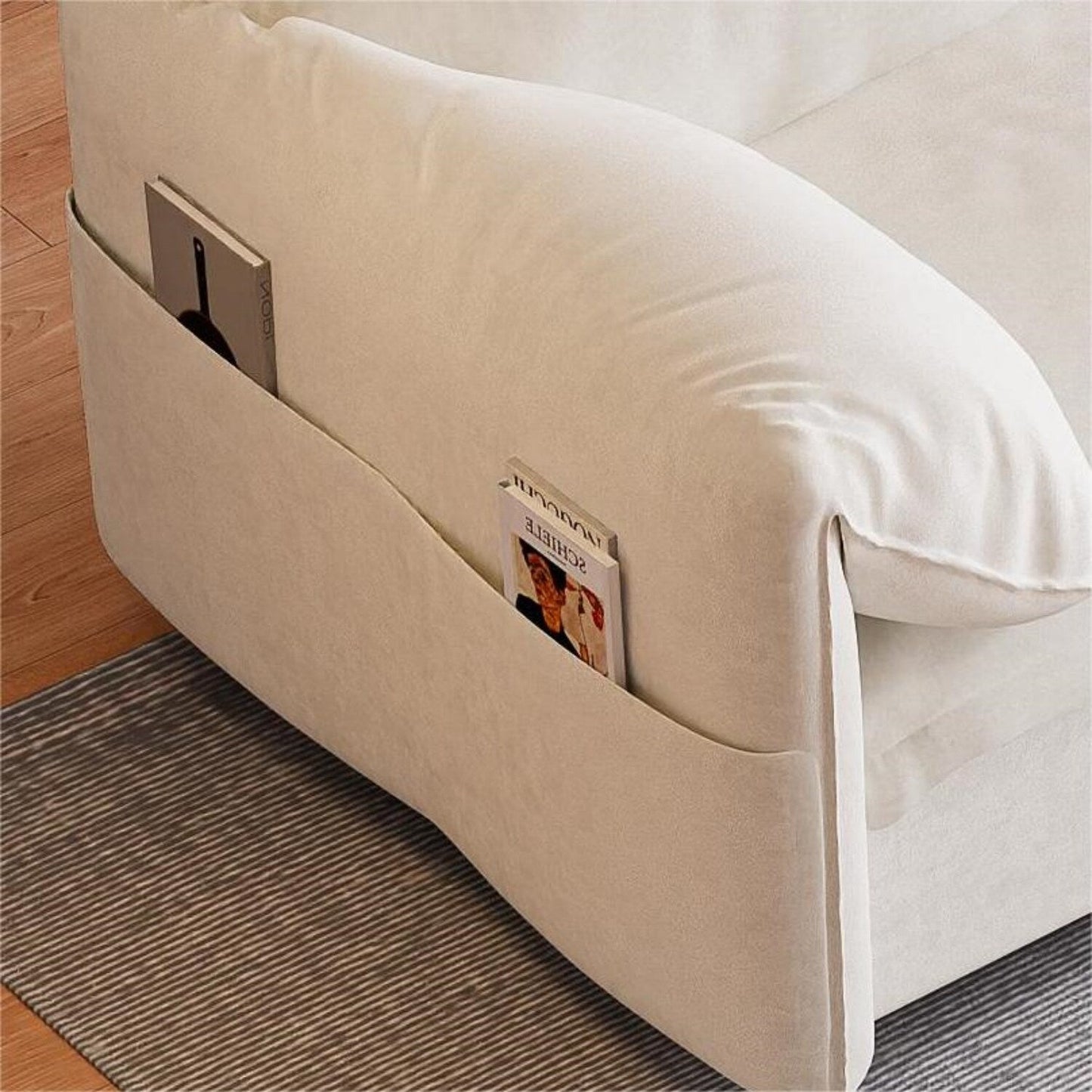 Divano letto estraibile in velluto beige con contenitore laterale