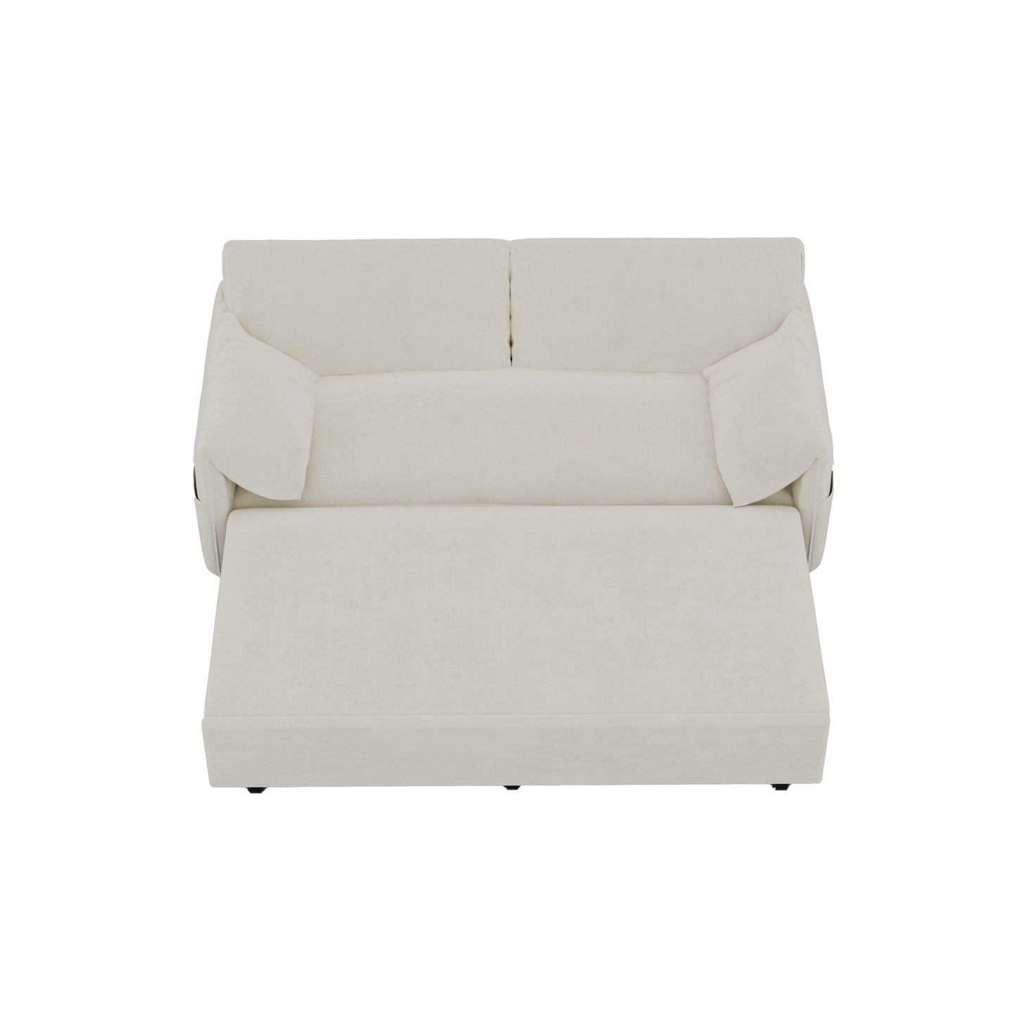 Divano letto estraibile in velluto beige con contenitore laterale