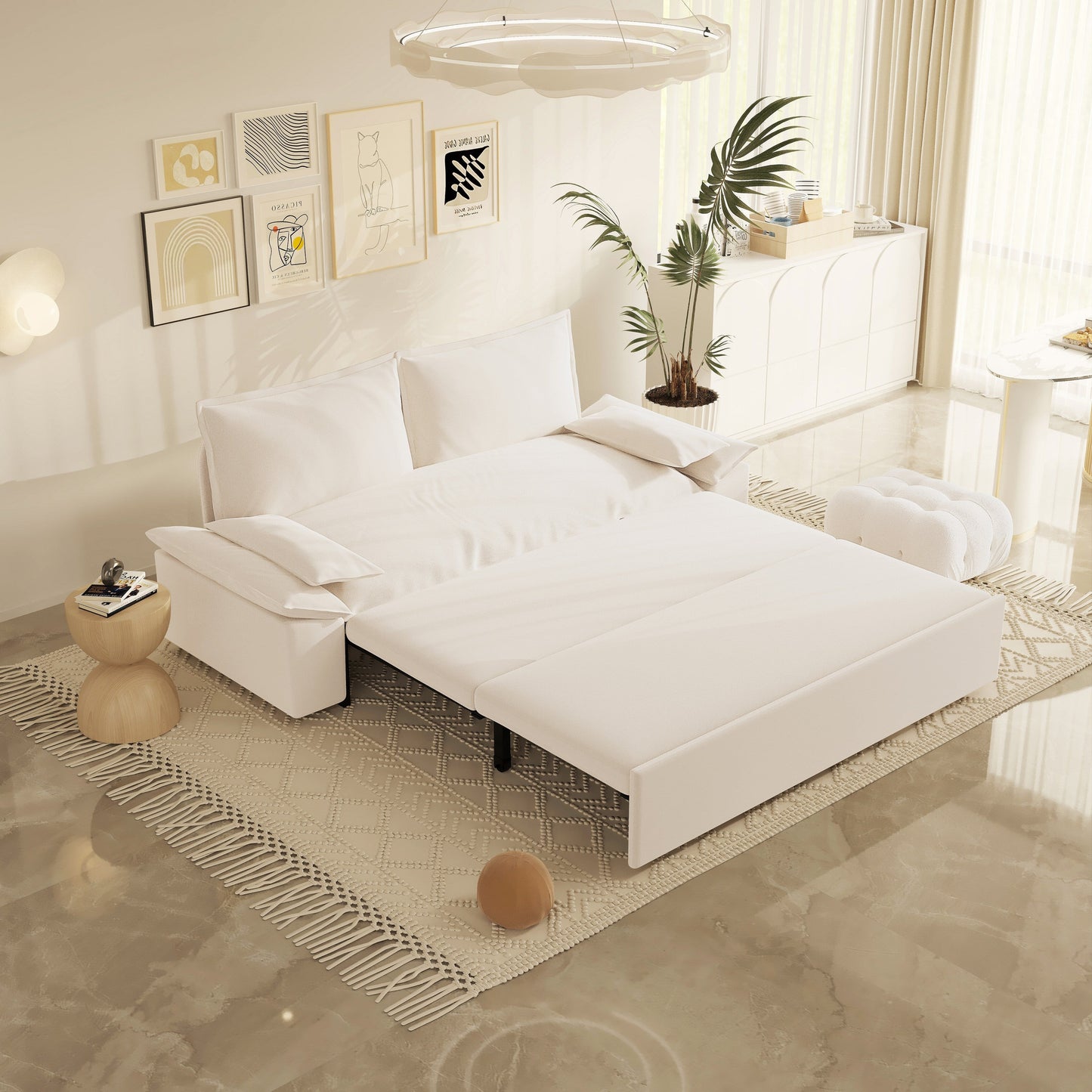 Divano letto estraibile in velluto beige con morbidi cuscini