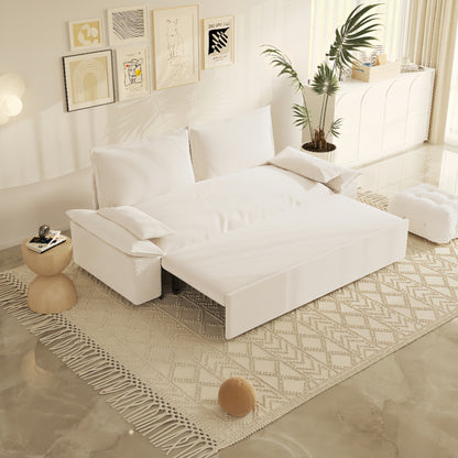 Divano letto estraibile in velluto beige con morbidi cuscini