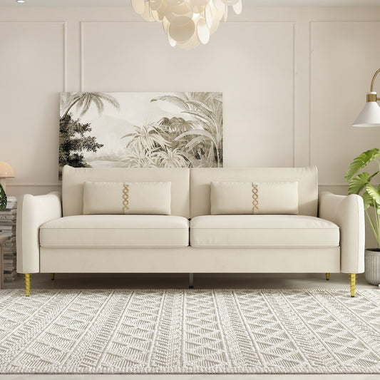 Divano a due posti in velluto beige con gambe dorate