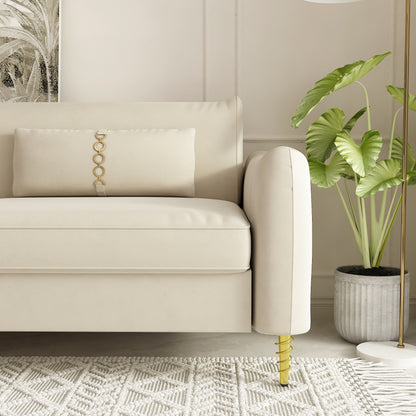 Divano a due posti in velluto beige con gambe dorate