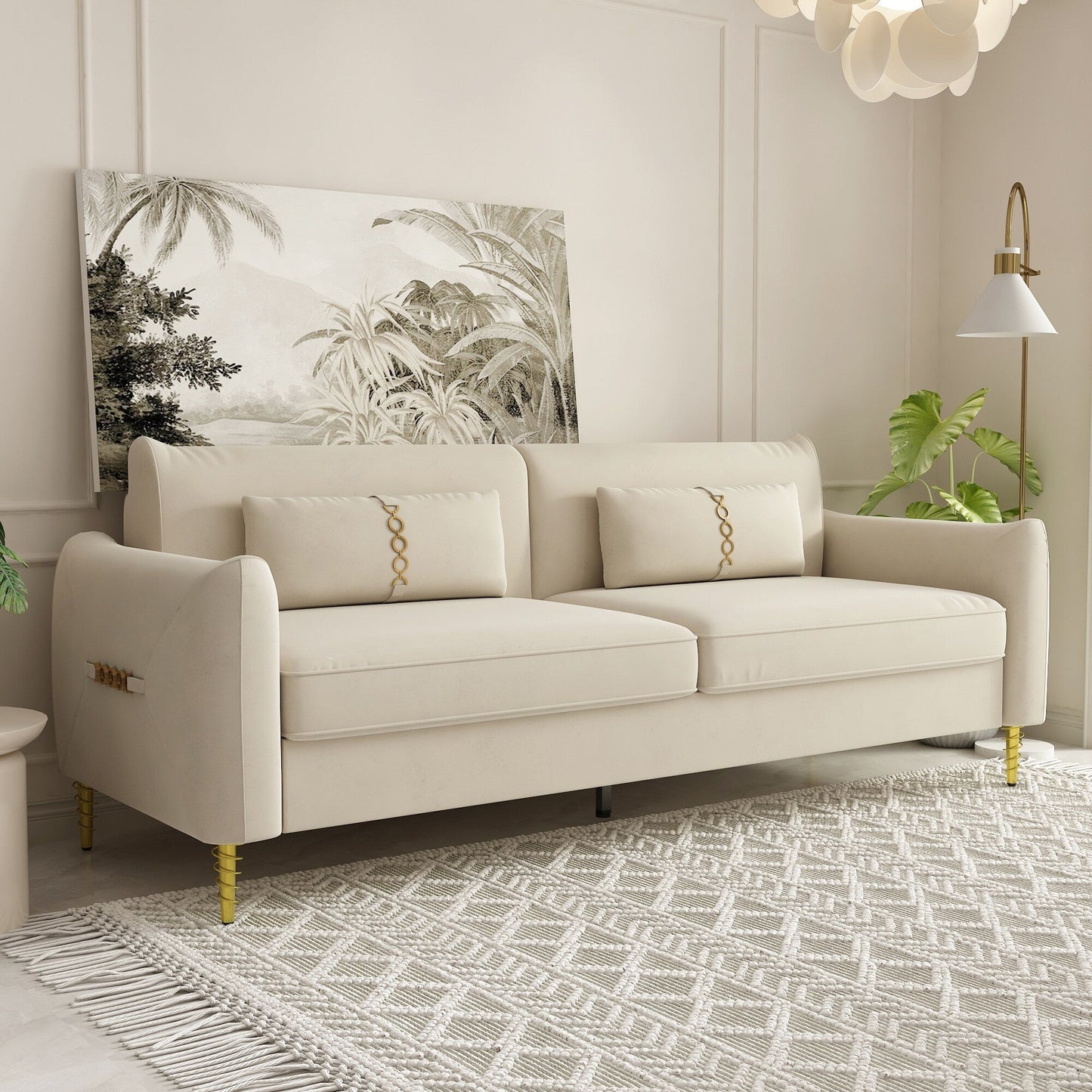 Divano a due posti in velluto beige con gambe dorate