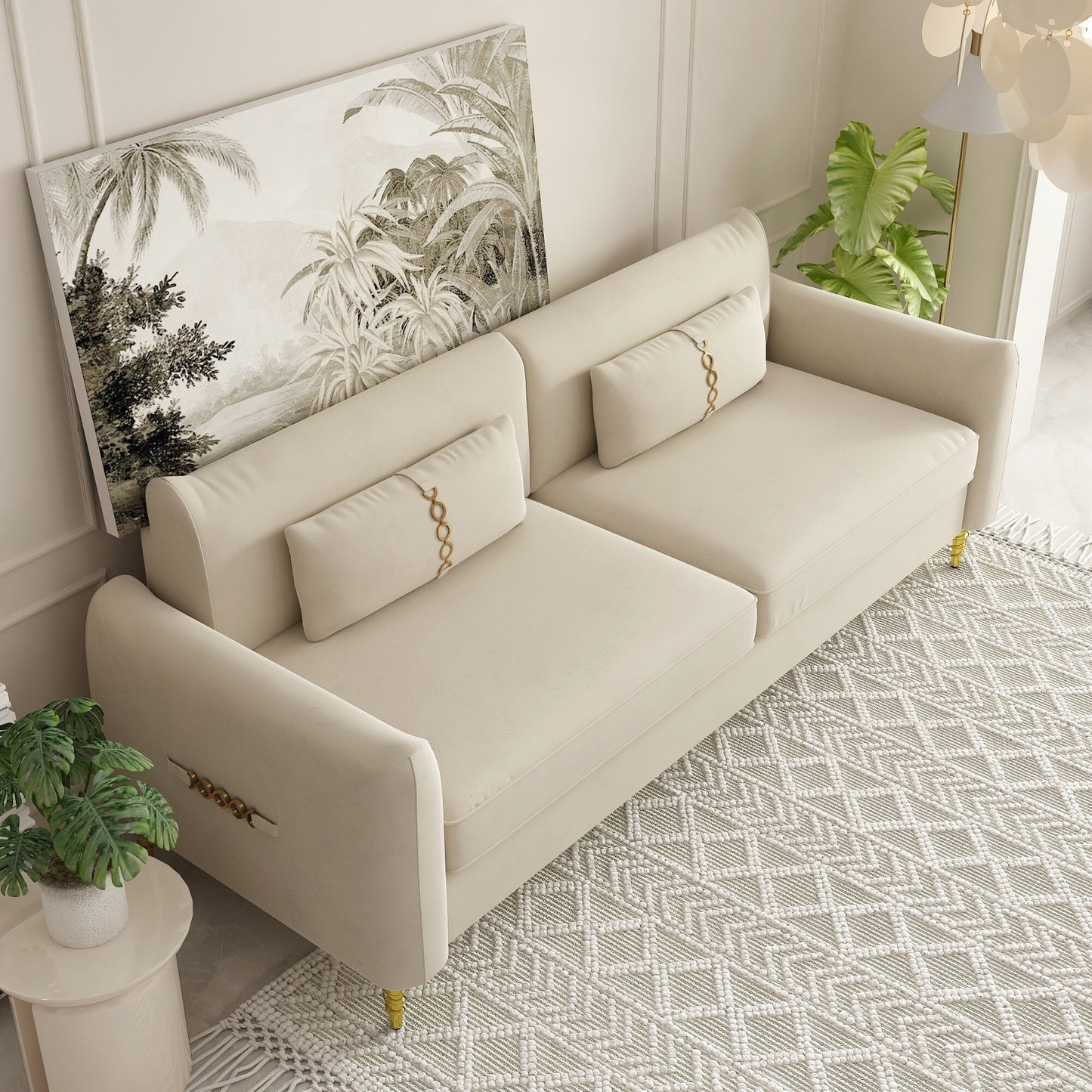 Divano a due posti in velluto beige con gambe dorate