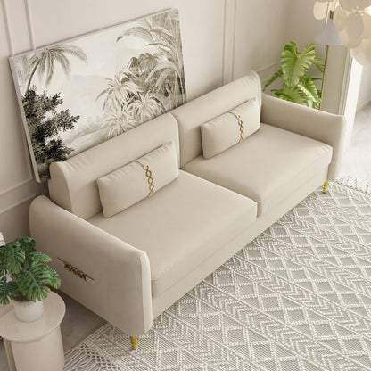 Divano a due posti in velluto beige con gambe dorate