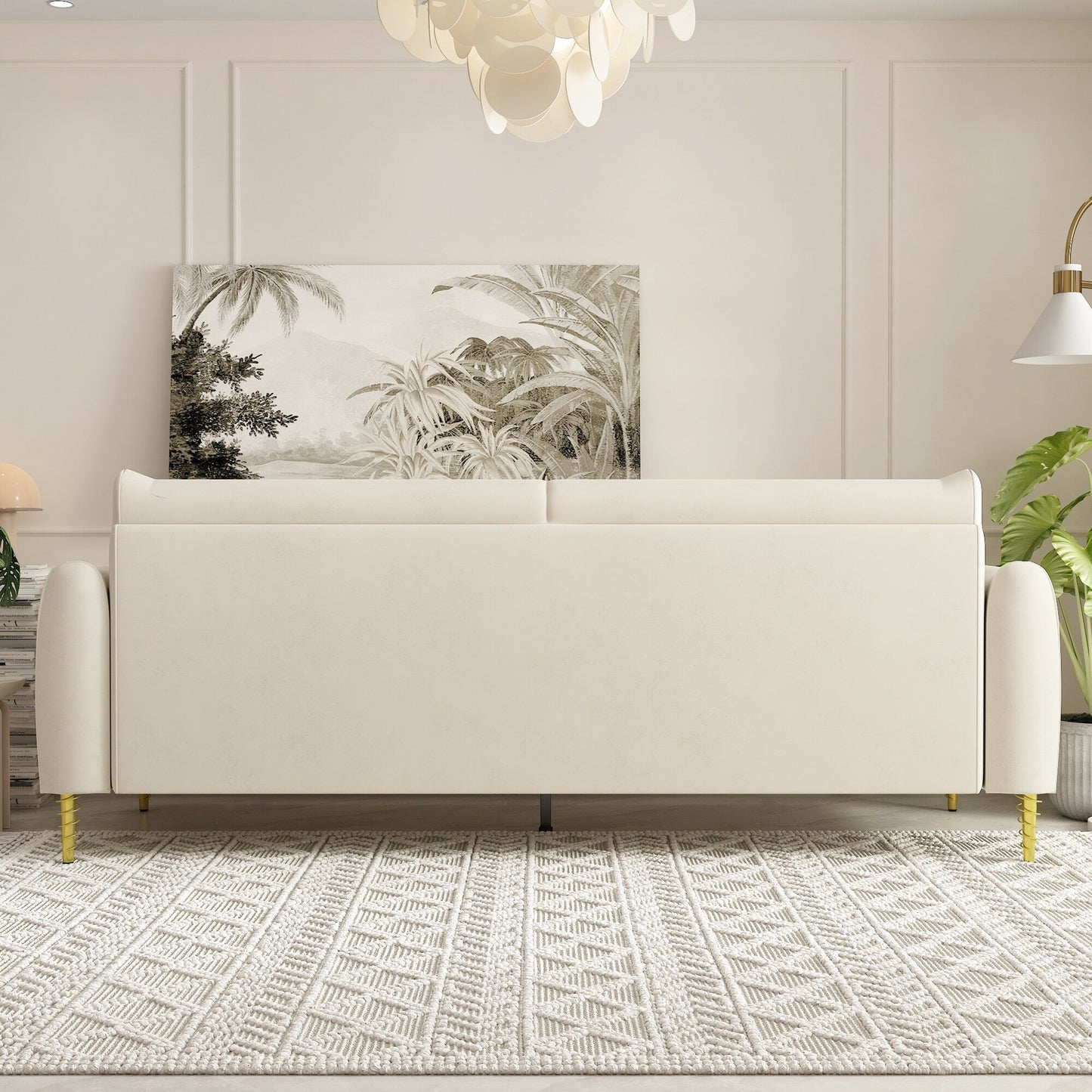 Divano a due posti in velluto beige con gambe dorate