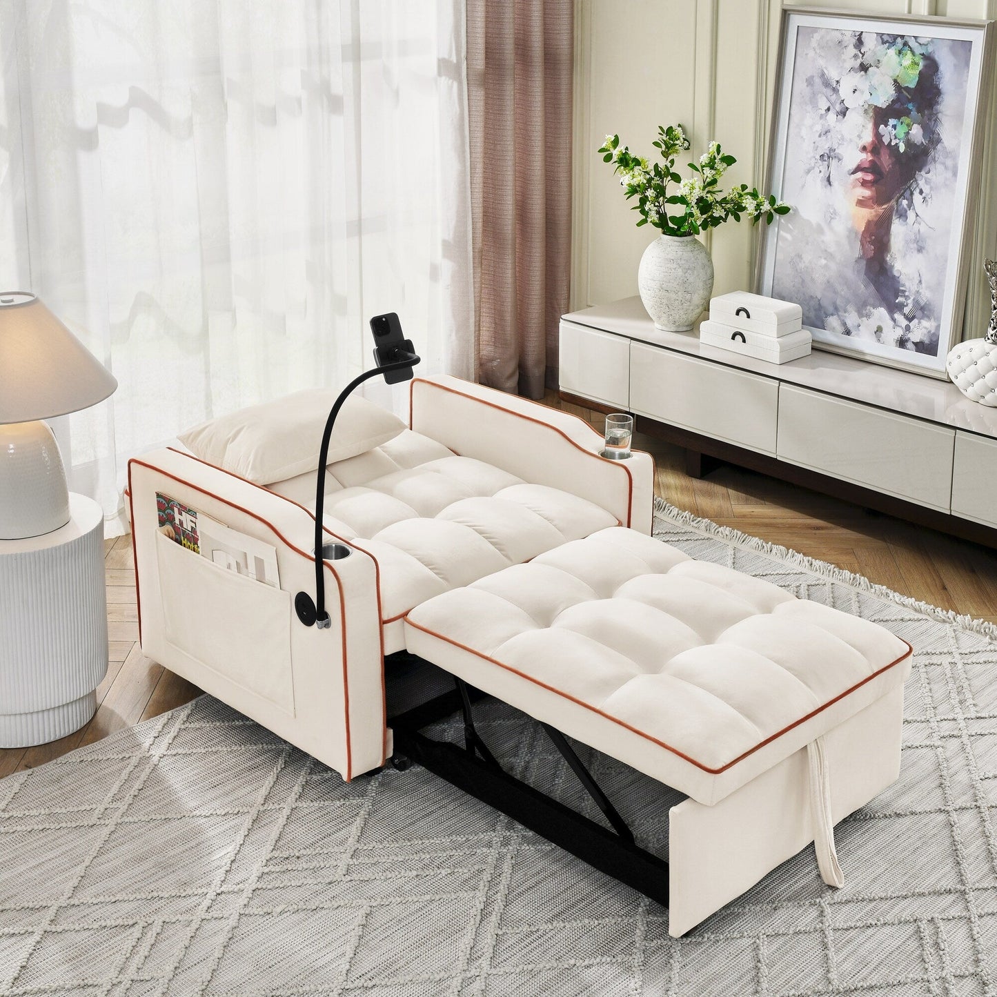 Divano letto singolo convertibile in velluto beige con porta di ricarica USB