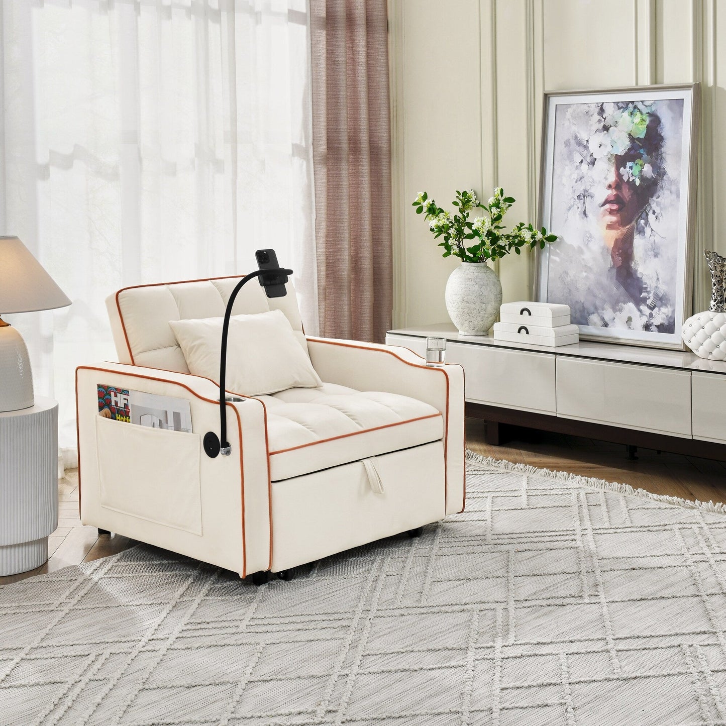 Divano letto singolo convertibile in velluto beige con porta di ricarica USB