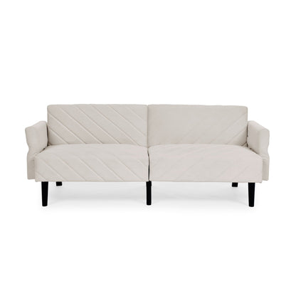 Divano letto futon convertibile in velluto beige trapuntato