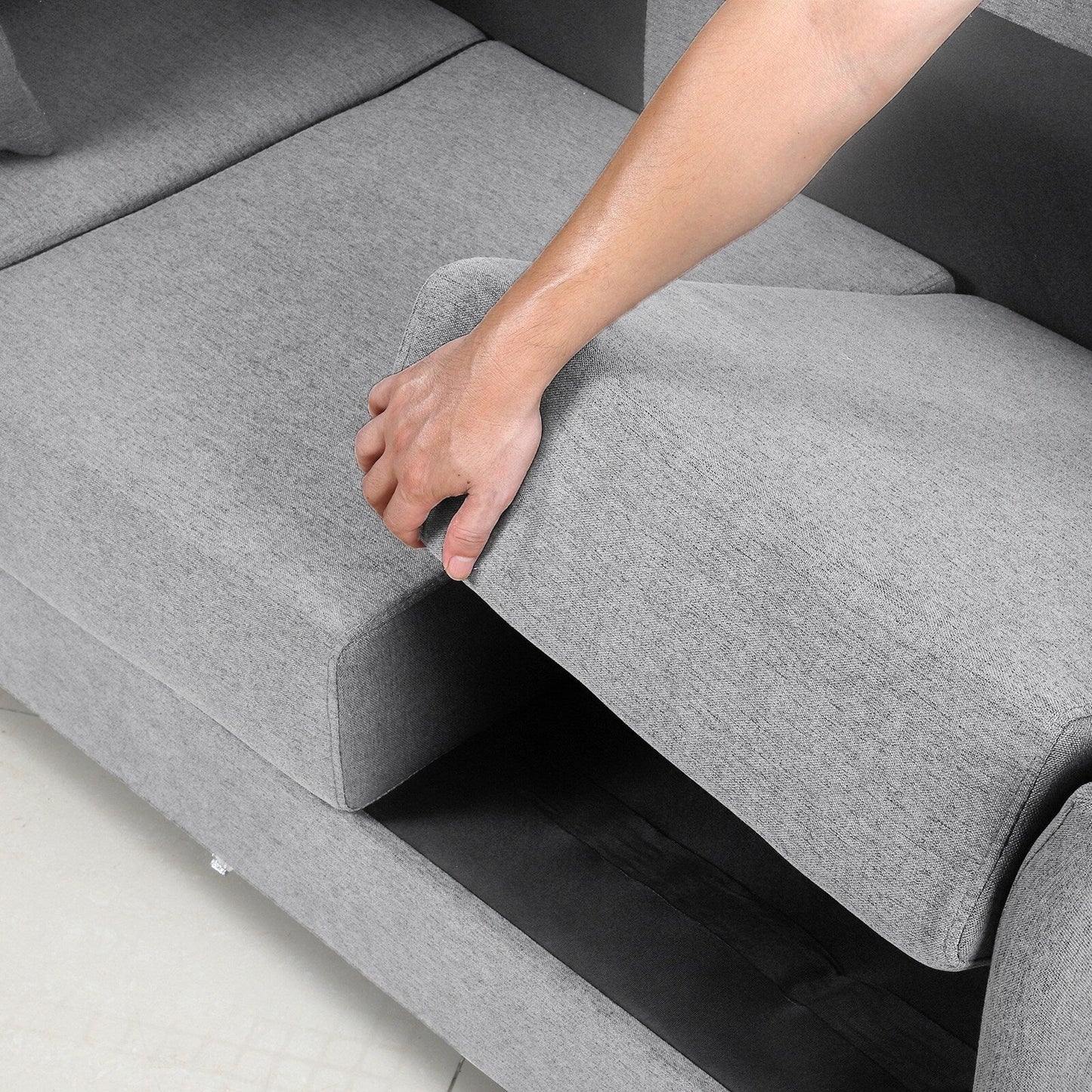 Divano moderno beige+grigio 65.55 in lino a 3 posti staccabile con struttura in metallo e cuscini per soggiorno