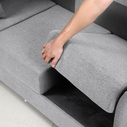 Divano moderno beige+grigio 65.55 in lino a 3 posti staccabile con struttura in metallo e cuscini per soggiorno