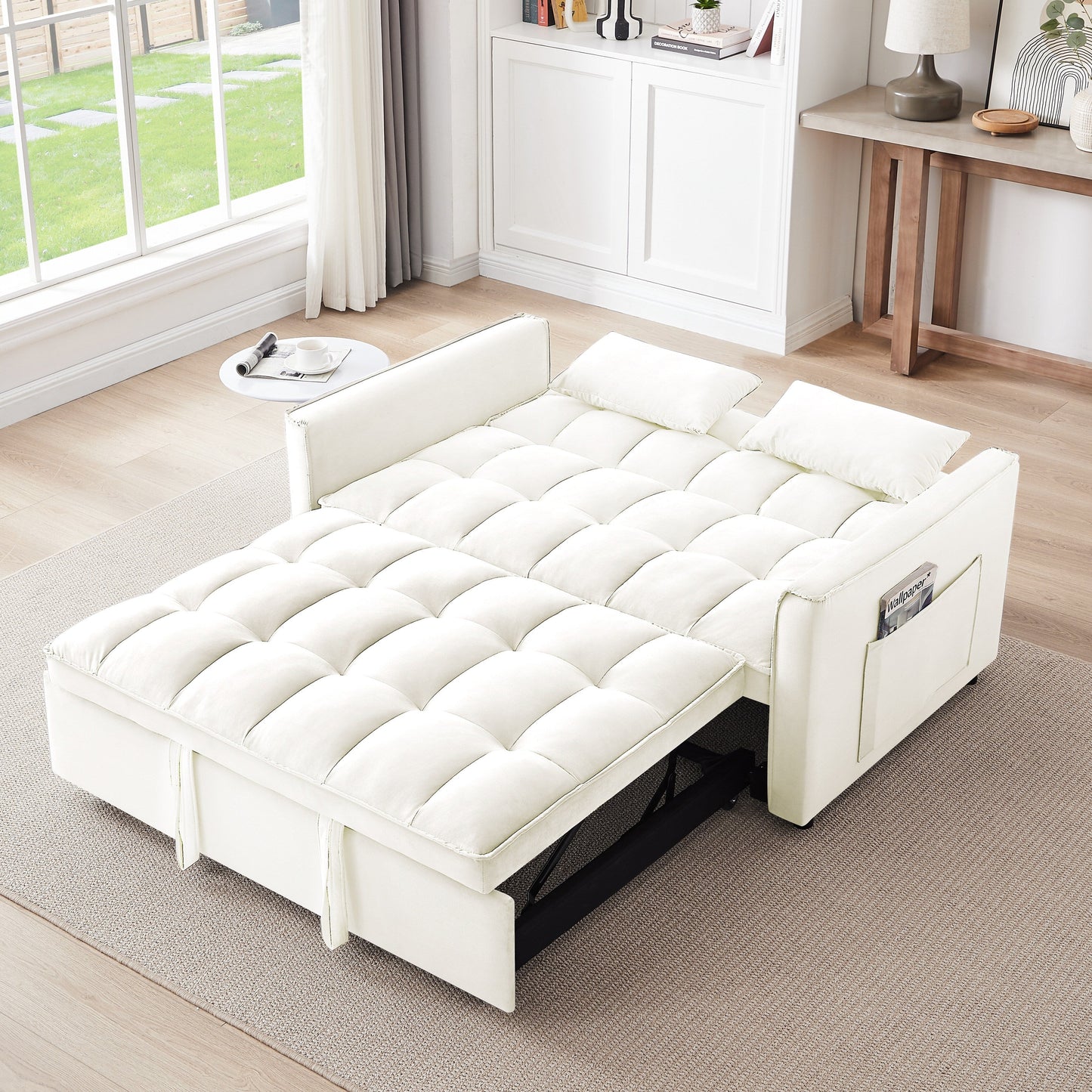 Divano letto trasformabile 3 in 1 moderno beige+bianco 55.1 con schienale regolabile e borsa portaoggetti per soggiorno