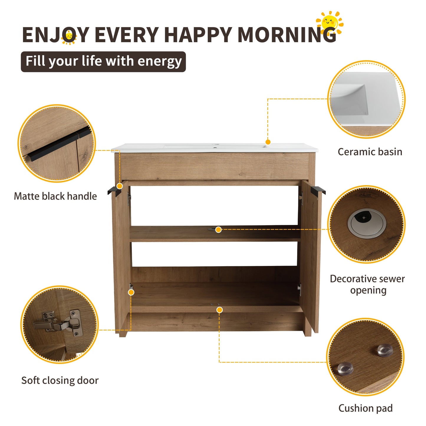 Beingnext 24/30/36 Mobile bagno con lavabo, mobile bagno indipendente con anta a chiusura ammortizzata e ripiano regolabile