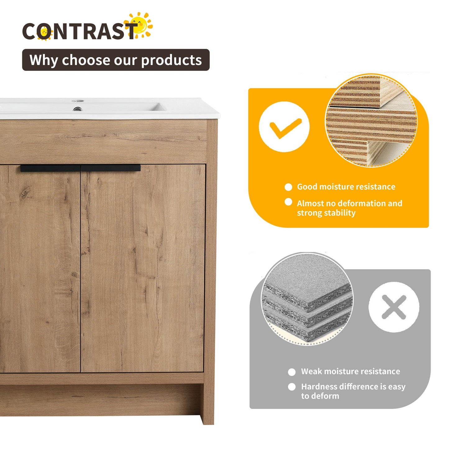 Beingnext 24/30/36 Mobile bagno con lavabo, mobile bagno indipendente con anta a chiusura ammortizzata e ripiano regolabile