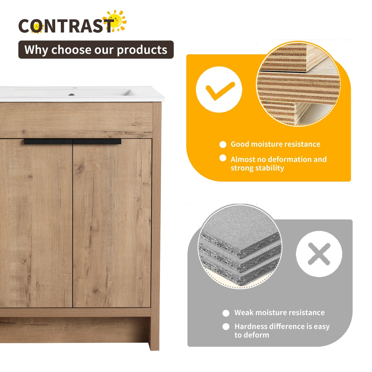 Beingnext 24/30/36 Mobile bagno con lavabo, mobile bagno indipendente con anta a chiusura ammortizzata e ripiano regolabile