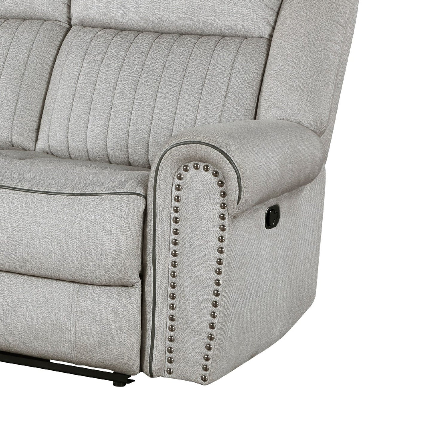 Divano reclinabile manuale Ben, 89 pollici, microfibra grigia, finiture con borchie