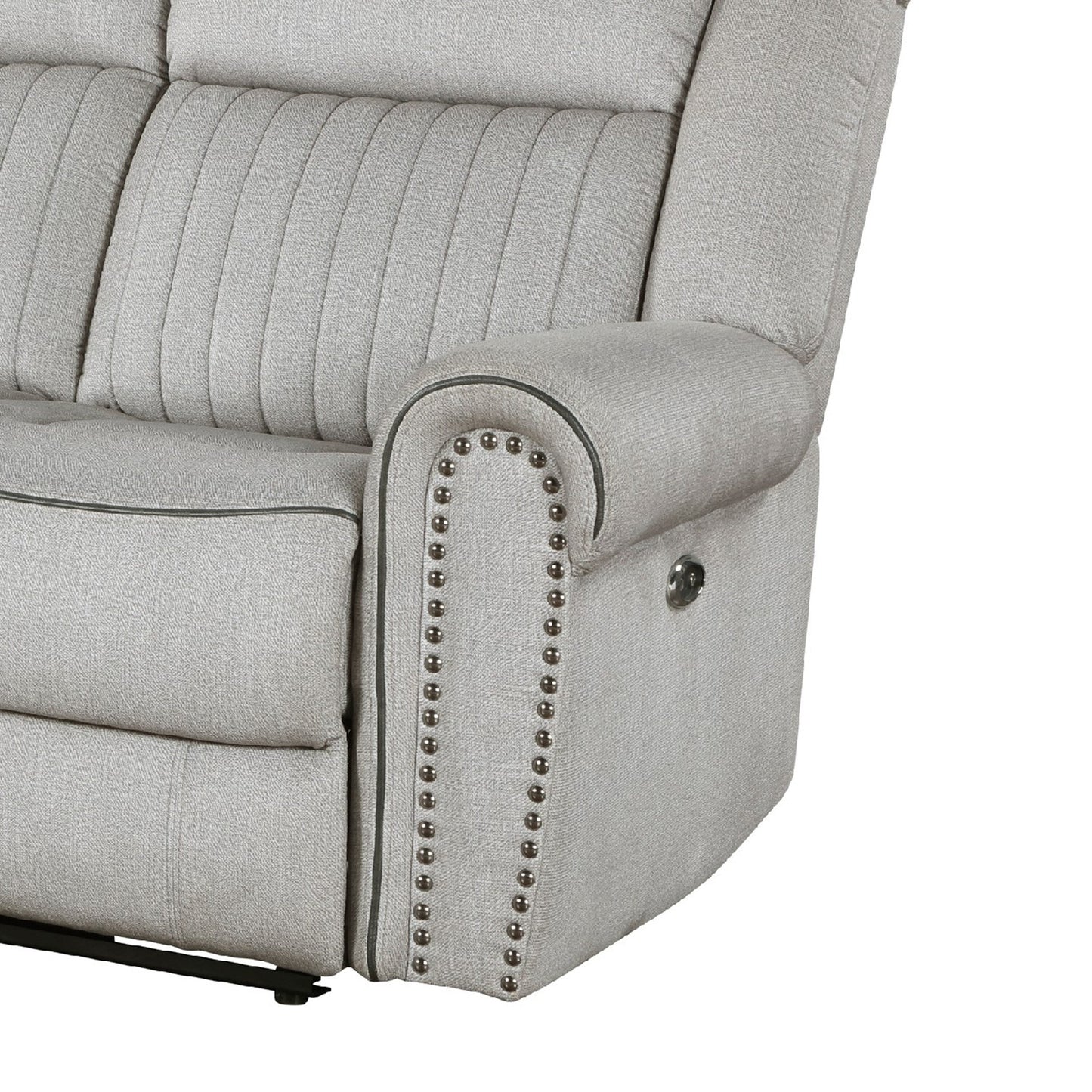 Divano reclinabile Ben Power, 89 pollici, microfibra grigia, finiture con borchie