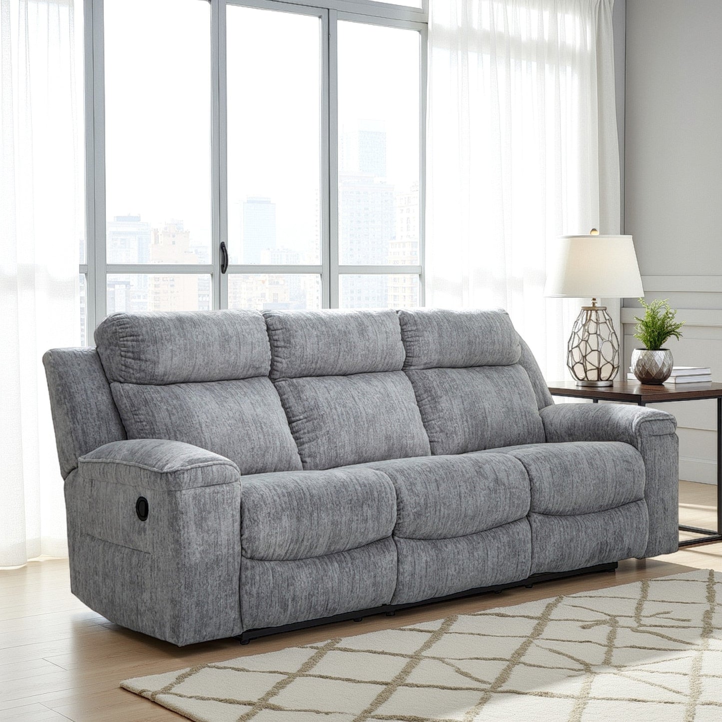 Divano reclinabile manuale Benson, poliestere grigio, struttura in metallo, 87 pollici