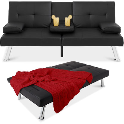 Divano letto futon trasformabile in similpelle Best Choice - Divano letto regolabile con braccioli rimovibili, nero