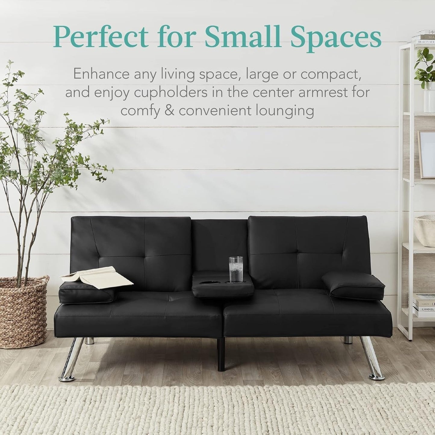 Divano letto futon trasformabile in similpelle Best Choice - Divano letto regolabile con braccioli rimovibili, nero