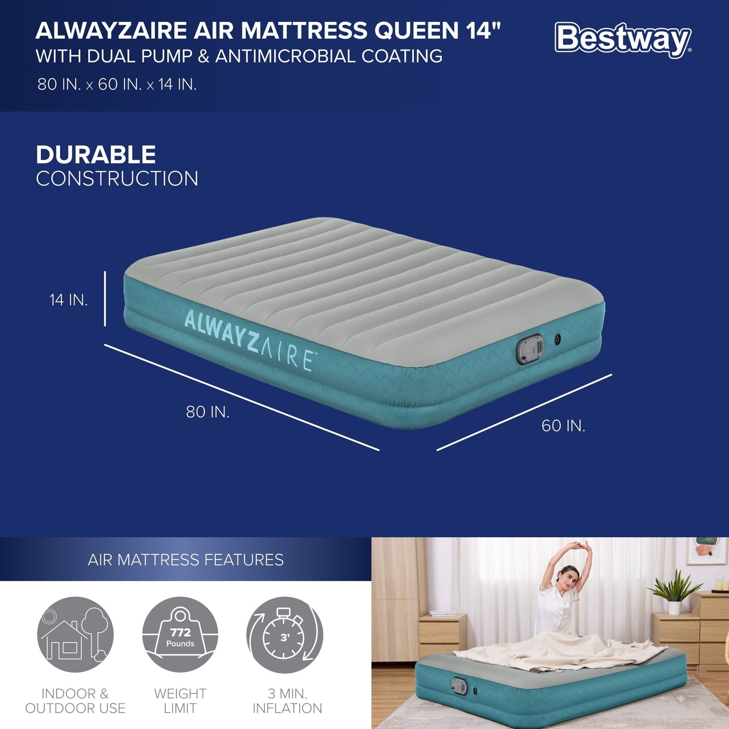Bestway AlwayzAire 14 Materasso gonfiabile ad aria con pompa ricaricabile, Queen