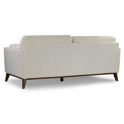 Divano in tessuto micro bouclé beige Birre con gambe in legno di noce