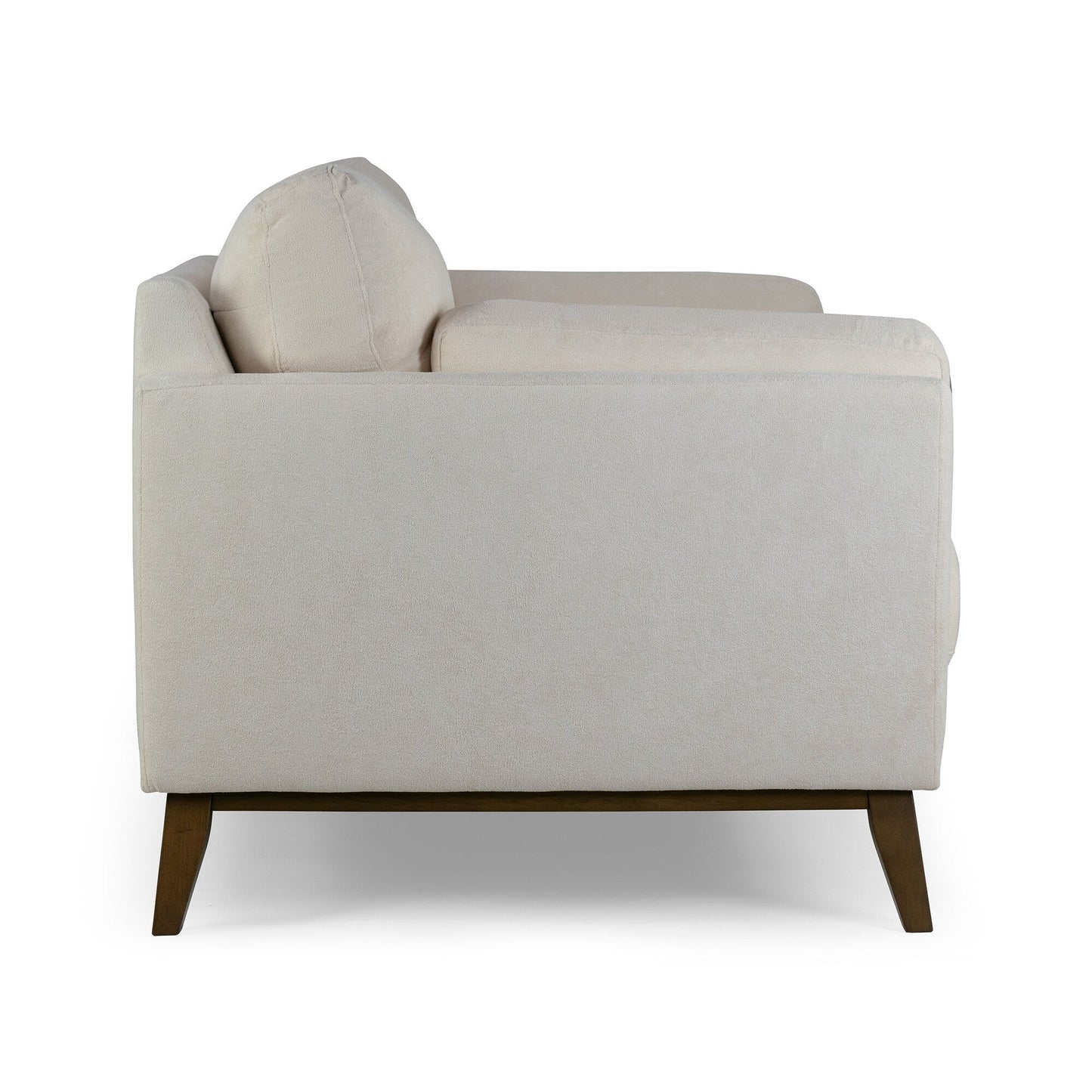 Divano in tessuto micro bouclé beige Birre con gambe in legno di noce