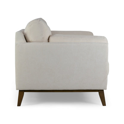 Divano in tessuto micro bouclé beige Birre con gambe in legno di noce