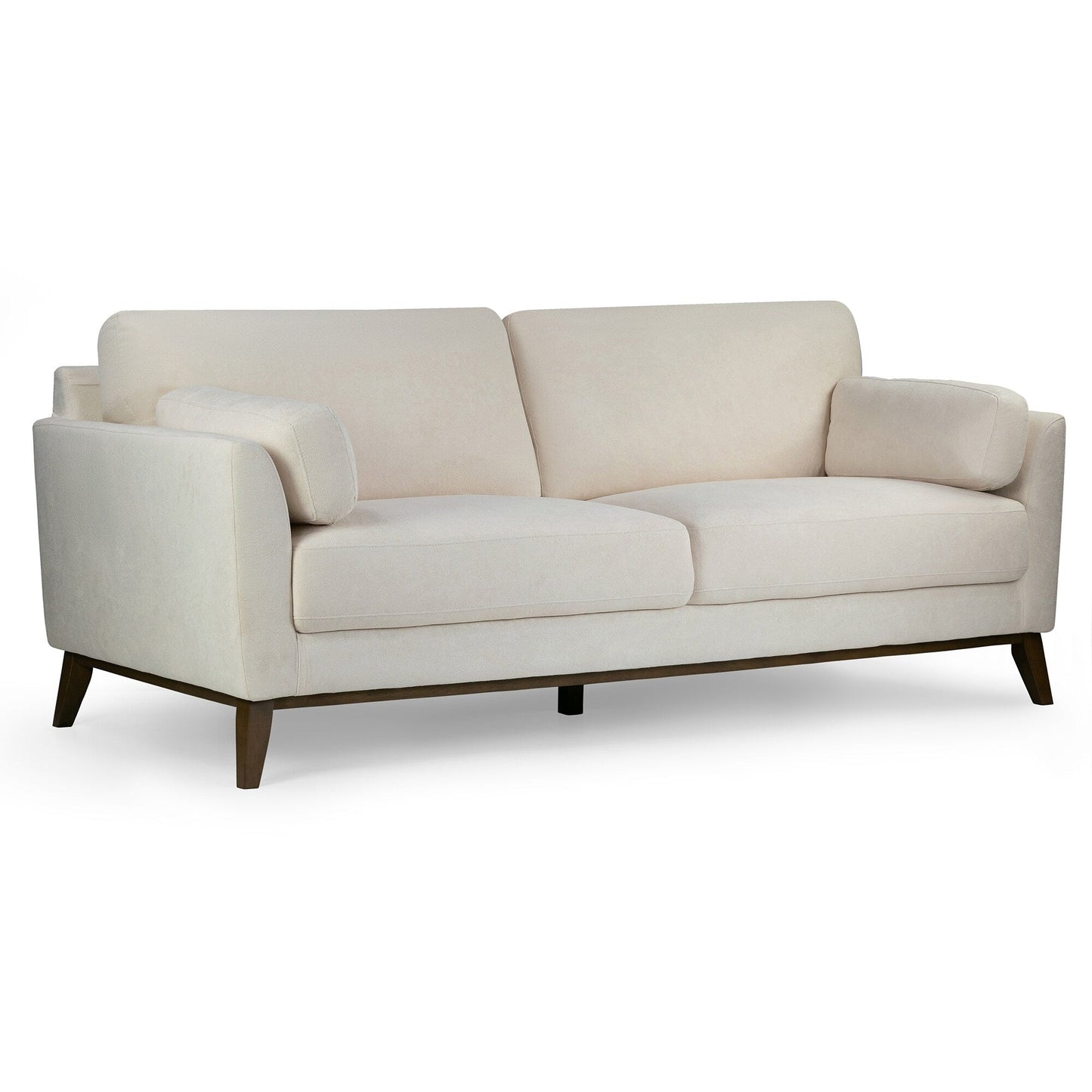 Divano in tessuto micro bouclé beige Birre con gambe in legno di noce