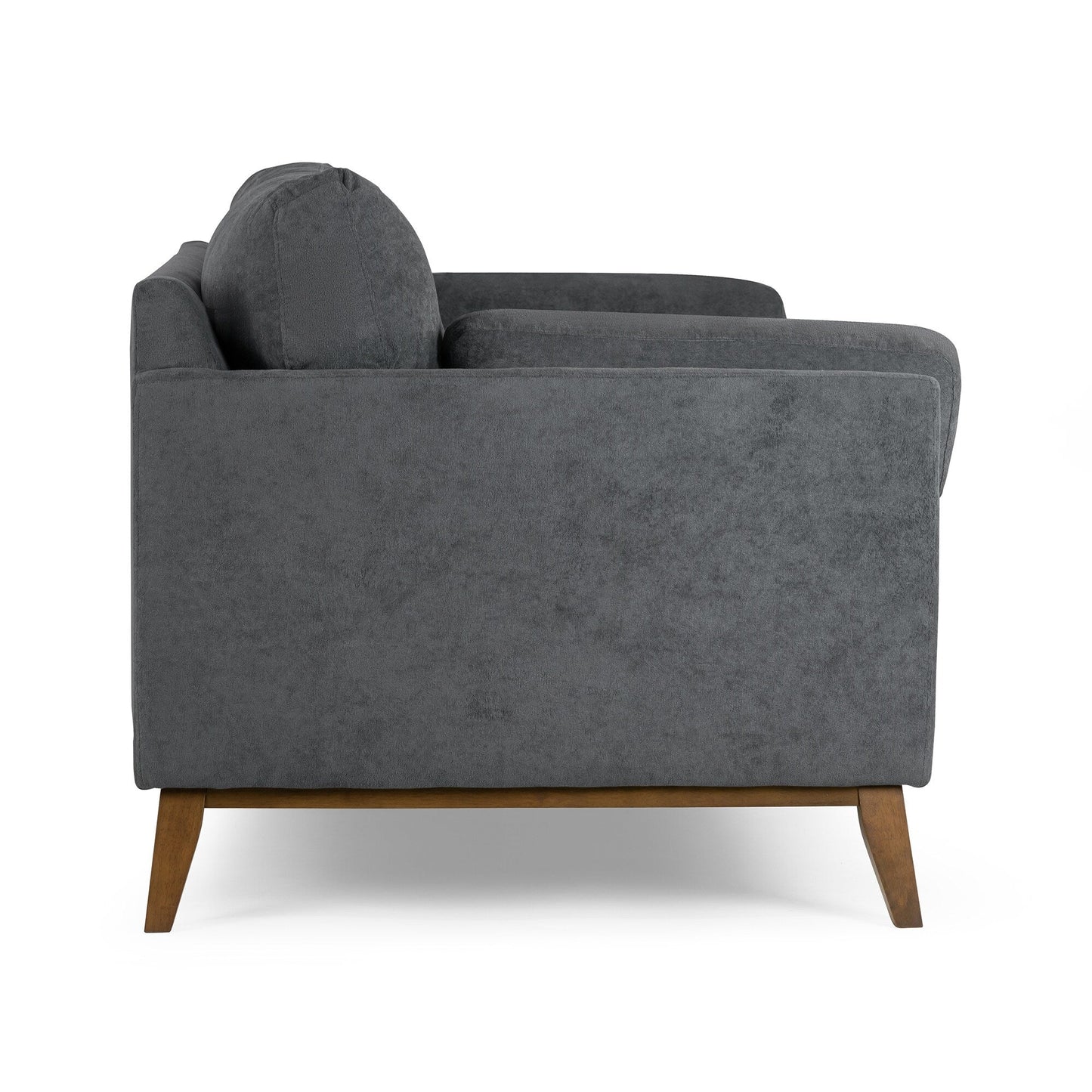 Divano Birre in tessuto micro bouclé grigio scuro con gambe in legno di noce