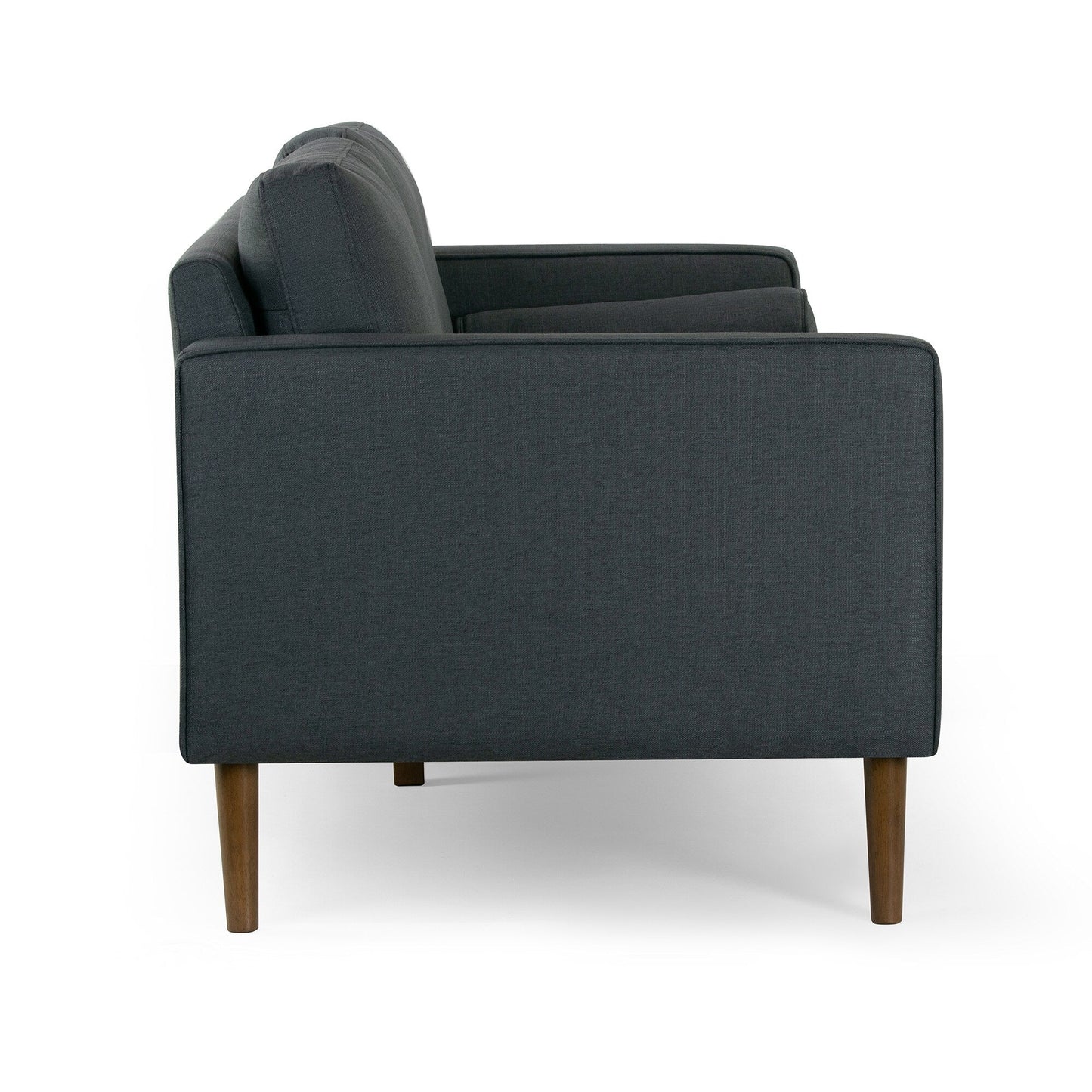 Divano Bisera in tessuto trapuntato grigio scuro con gambe in legno di noce