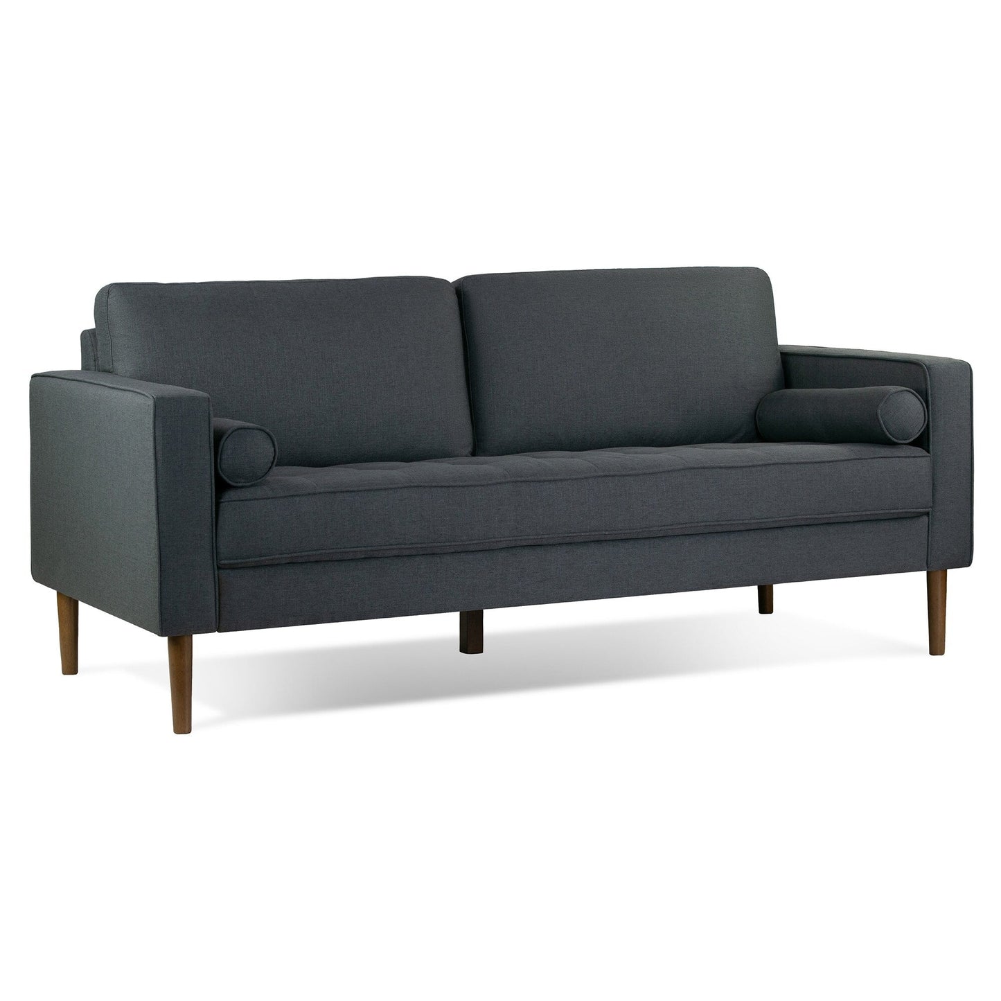 Divano Bisera in tessuto trapuntato grigio scuro con gambe in legno di noce