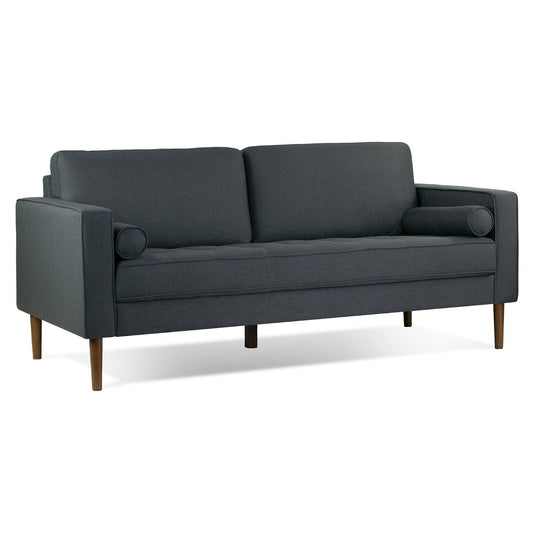 Divano Bisera in tessuto trapuntato grigio scuro con gambe in legno di noce