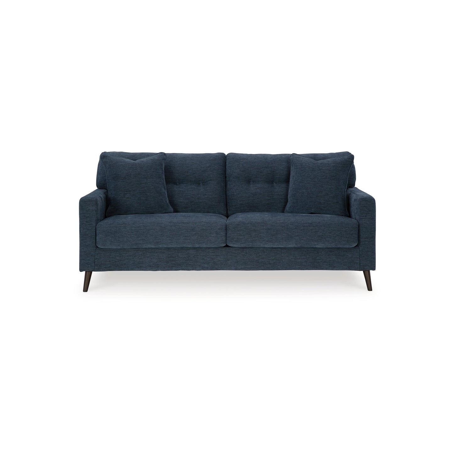 Divano Bixy, 79 pollici, blu scuro, braccioli Track, 2 cuscini decorativi