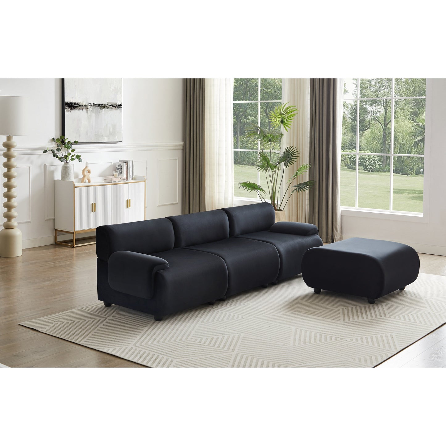 Divano trasformabile a L in tessuto nero 105 con pouf